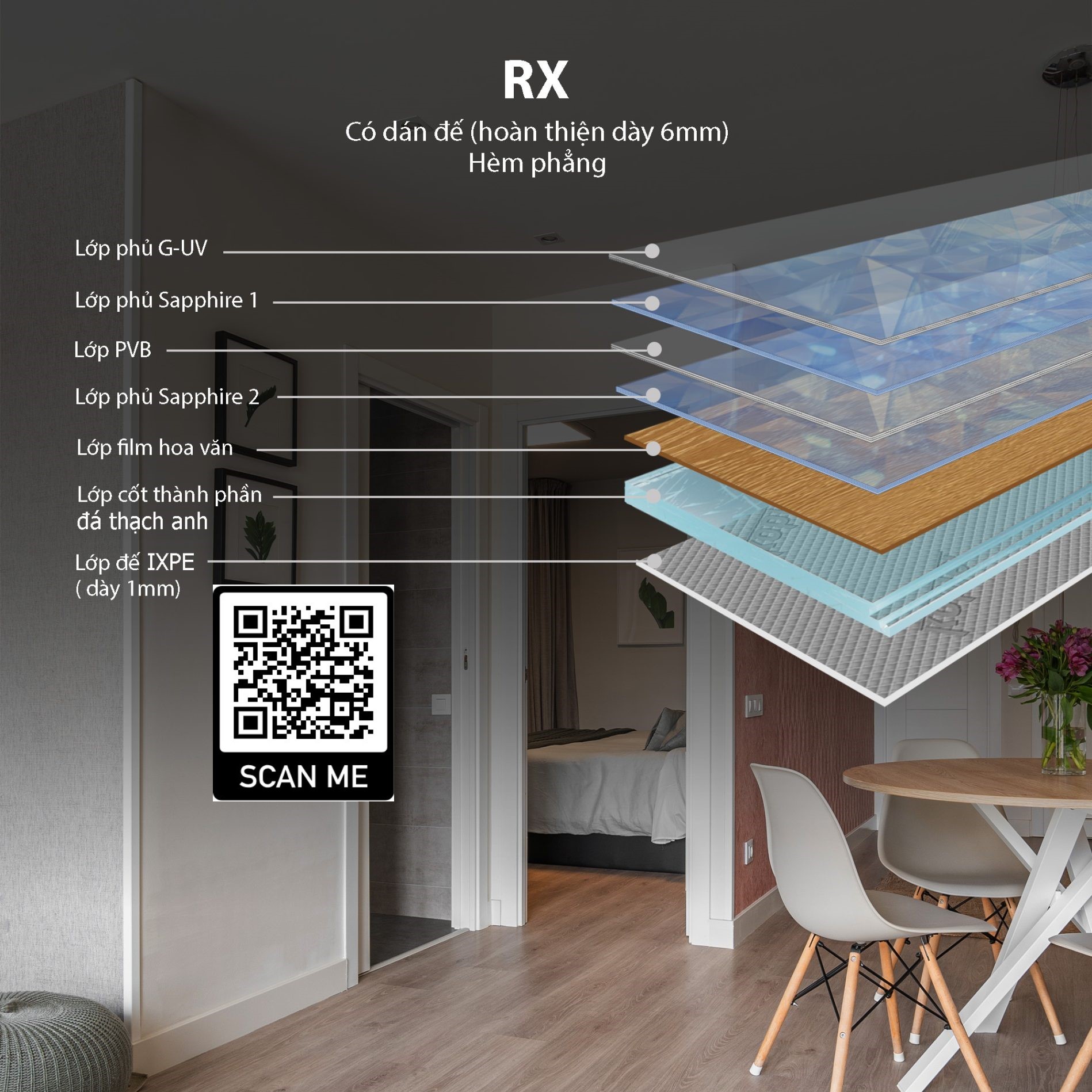 Cấu tạo lớp sàn thạch anh Kobler RX26 với đế IXPE 1mm
